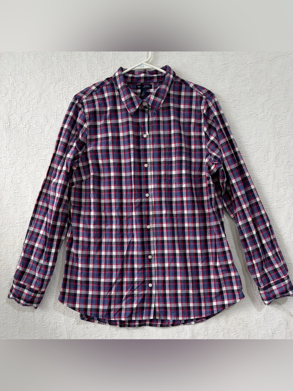 Gap Women’s Red Blue Plaid Button Down Boyfriend Fit Long Sleeve Shirt Large